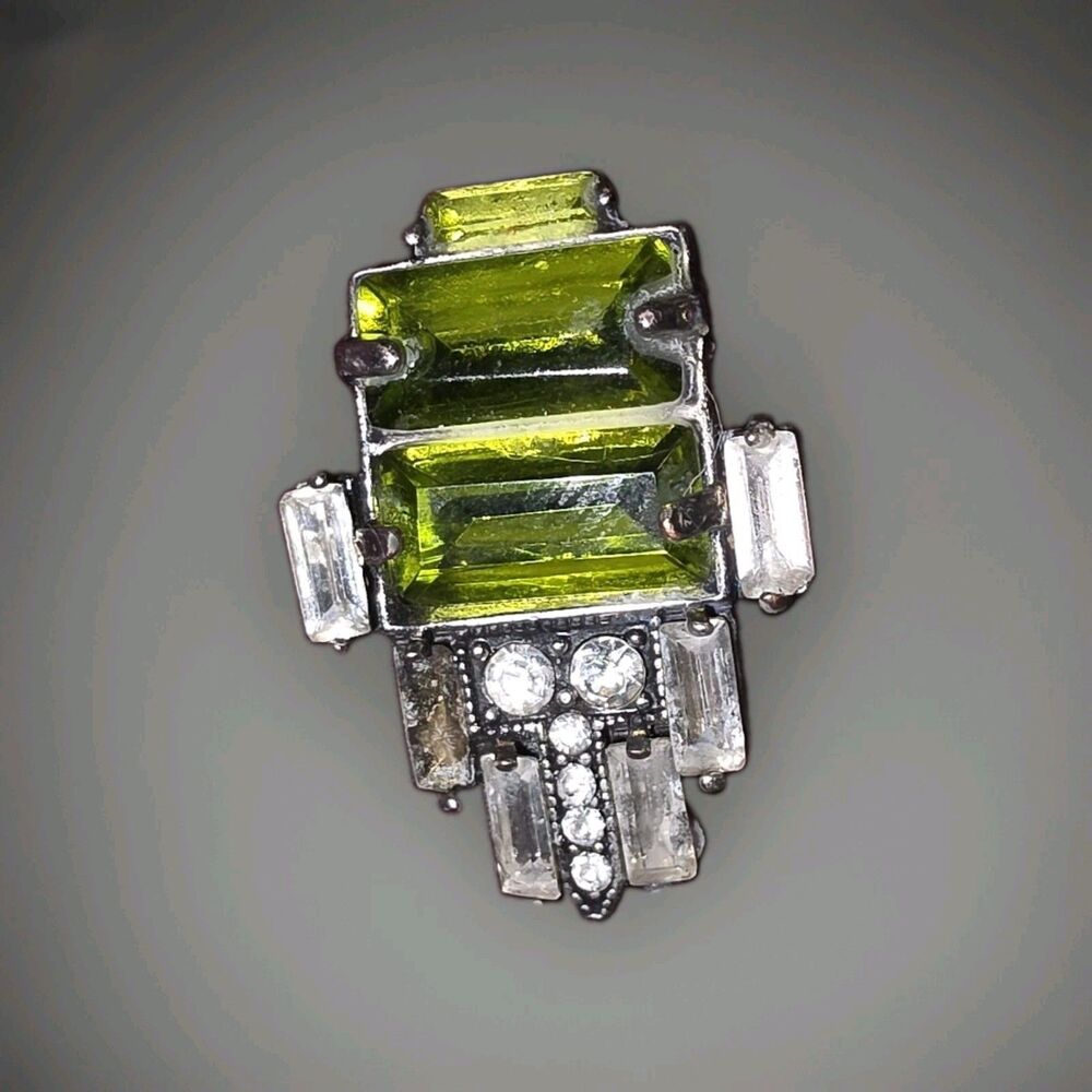 Art Deco Silver Tone Geometric Robotic Brooch Green Baguette  Accents Glass 1.5"